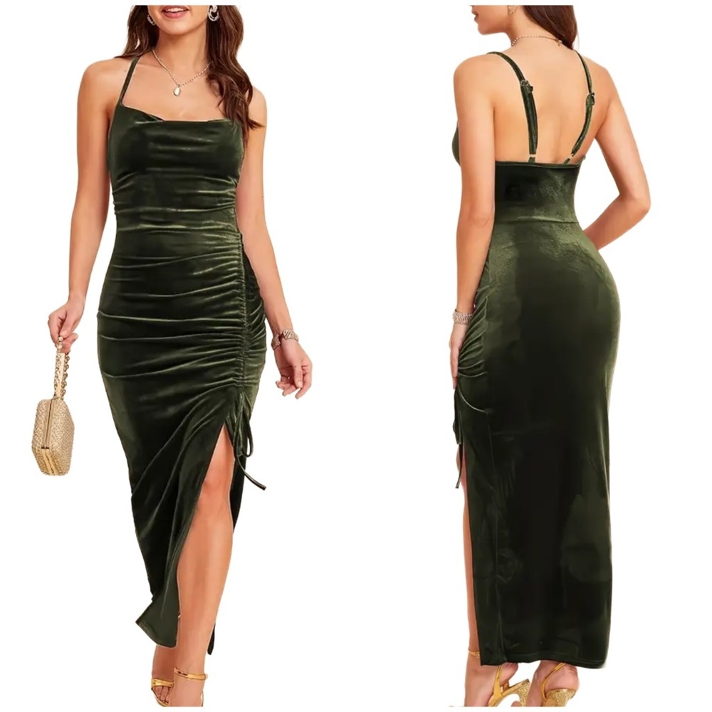 Army Green Velvet Ruched Bodycon Maxi Dress